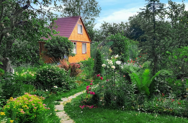 summer wooden house on background of green garden landscape