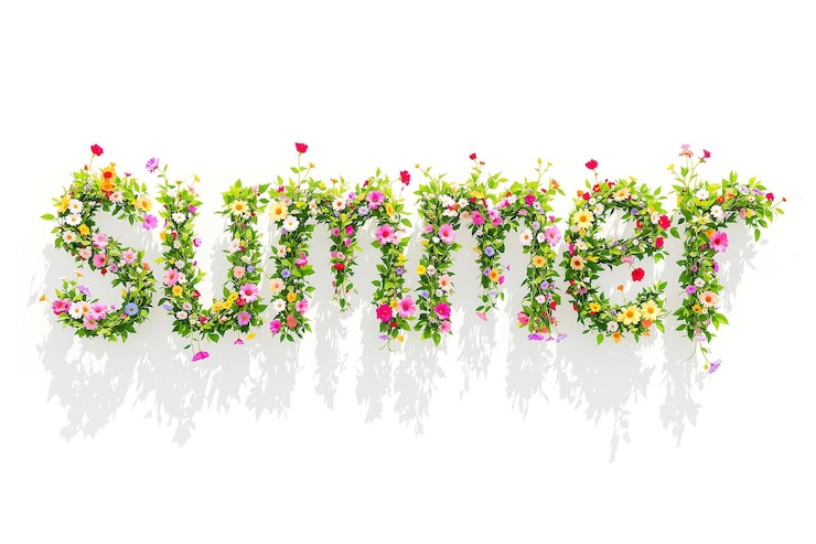 Photo summer word made of colorful flowers and green leaves on white background