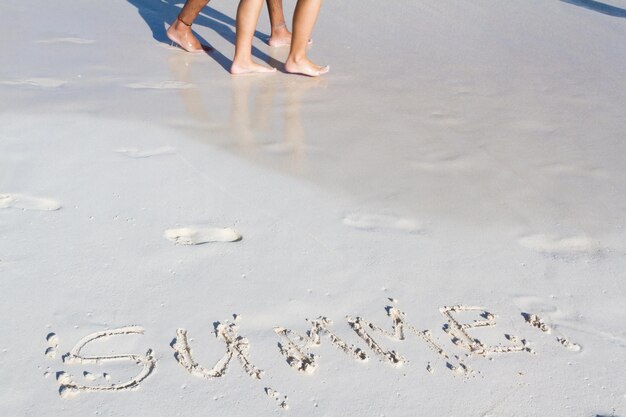 Summer written on the beach with wave.