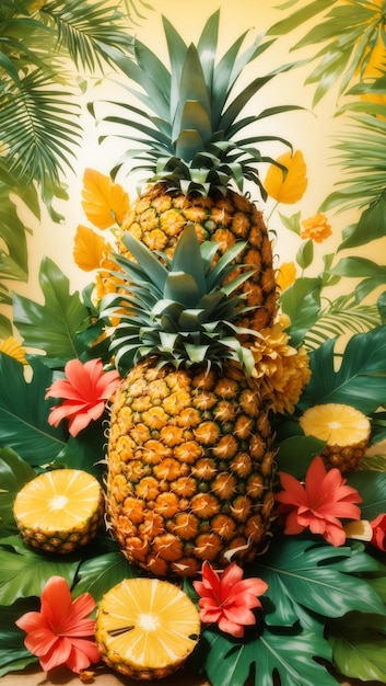 Foto sfondio d'ispirazione estiva con un abbondante raccolto di ananas