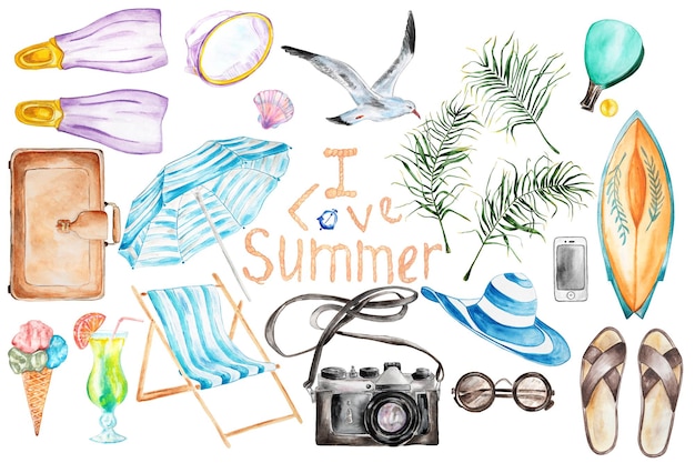 Photo summers vacation hand drawn watercolor setisolated objects