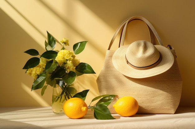 A summerthemed arrangement on a beige background featuring a straw hat and lemon