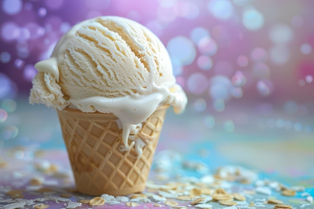 Summertime Delight with a Single Scoop Vanilla Ice Cream Cone on a Sparkling Pastel Background
