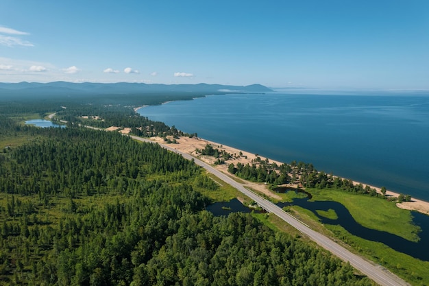 Summertime imagery of Lake Baikal is a rift lake located in southern Siberia Russia Baikal lake summer landscape view Drone's Eye View