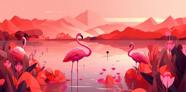 Summertime joy flamingos and flowers in colorful landscape