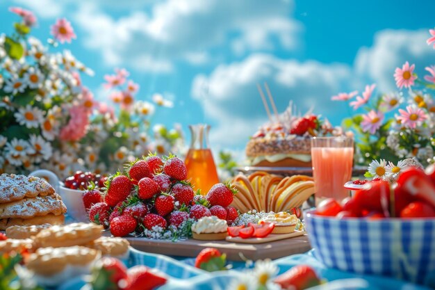 Summertime Picnic Spread with Fresh Strawberries