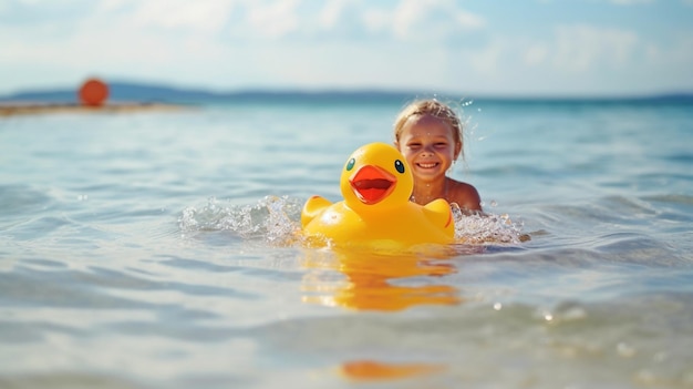 ゴム製のアヒルとボールを使って水中で遊ぶ、充実した若者の夏の楽しみ