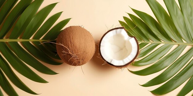 Summertime Refreshment Top View of Fresh Fruit Halves with Monstera Leaf Vibrant Backdrop AI Generated