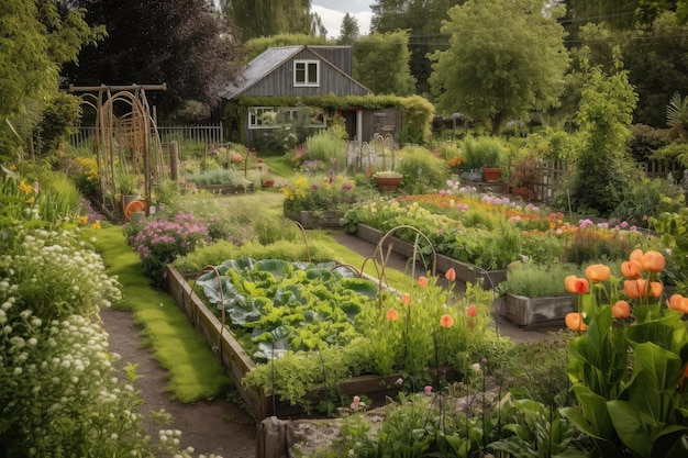 Summertime with vegetable patches bursting with fresh produce and flower beds in full bloom