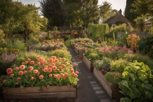 Summertime with vegetable patches bursting with fresh produce and flower beds in full bloom