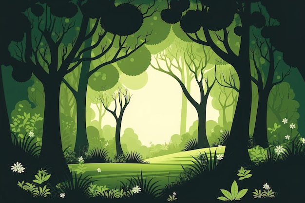 A summertime woodland scene with green grass trees and sunbeams