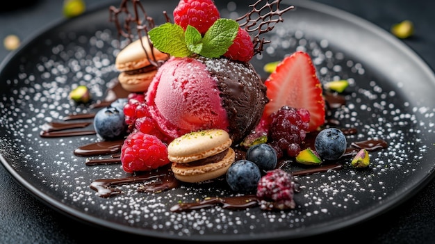 summery delight craft ice cream with fresh berries macaroons pistachio nuts and chocolate swirl on s