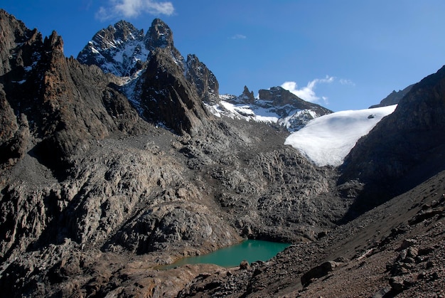 Summit Batian 5199 m Nelion 5188 m and Point Lenana 4985 m with glacier and lake Lewis Tarn