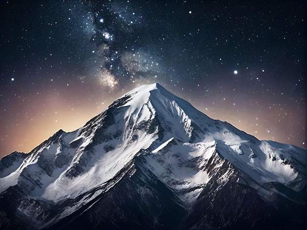 Summit of Snowy Mountain Landscape with Star Constellations in The Misty Night Sky