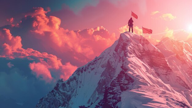 summit success climber planting flag on Everest summit inspirational mountain triumph