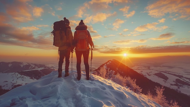 Summit Triumph Couple Embracing Winter Sunset on Mountain Peak