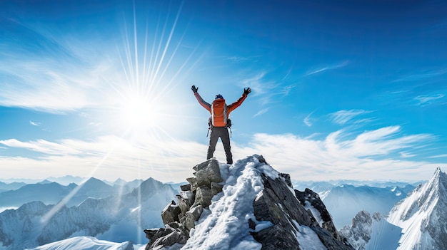 Summit triumph mountaineer reaches majestic peak against blue sky snowcovered landscape sparkles