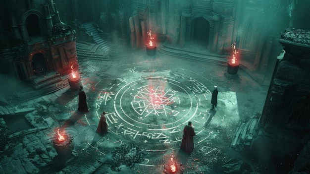 A summoning circle with arcane symbols and otherworldly creatures