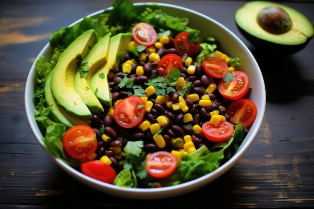 Sumptuous black bean salad with avocadocilantrolime dressing and fresh garden vegetables