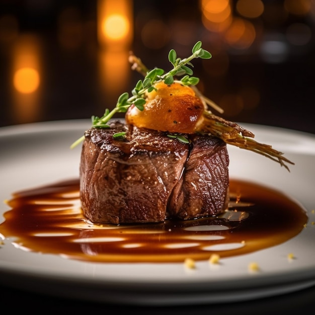 Photo sumptuous culinary delights from steaks to decadent desserts and fine wine on table