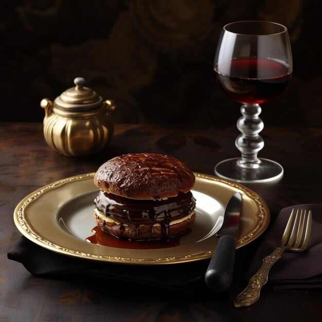 Photo sumptuous culinary delights from steaks to decadent desserts and fine wine on table