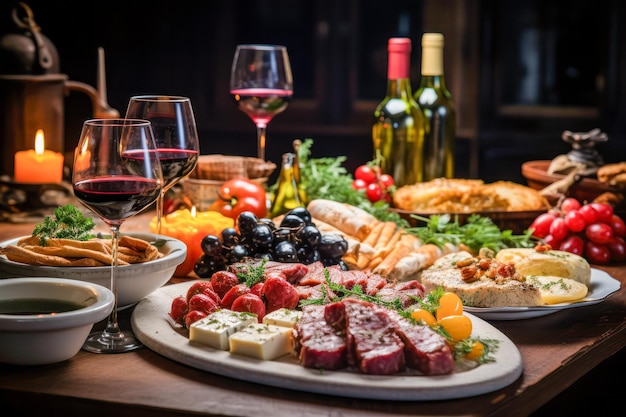 Premium AI Image A sumptuous dinner setting at a gourmet restaurant Premium AI Image A sumptuous dinner setting at a gourmet restaurant