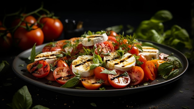 Sumptuous food photography scene Tomato mozzarella salad elegantly plated on a dark table creatin