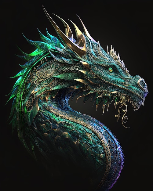Роскошный голографический дракон, сверкающий зеленым великолепием