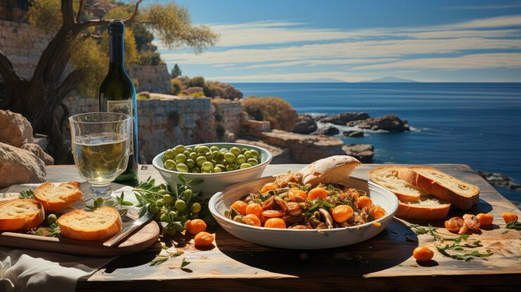 Photo a sumptuous mediterranean meal laid out on a rustic wooden table overlooking the sea