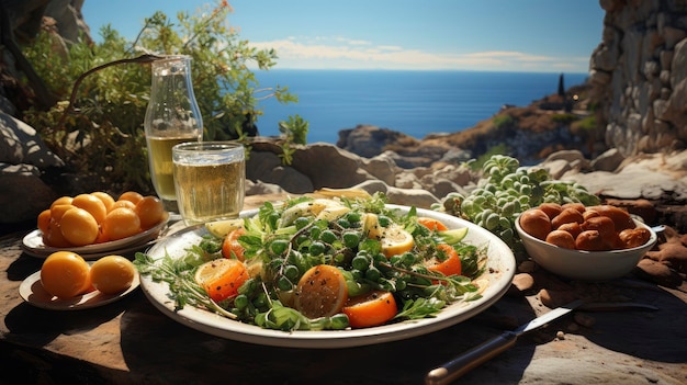 Photo a sumptuous mediterranean meal laid out on a rustic wooden table overlooking the sea