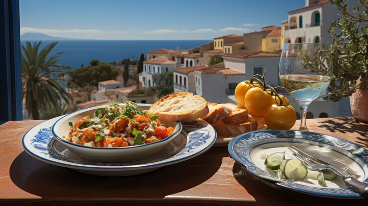 Photo a sumptuous mediterranean meal laid out on a rustic wooden table overlooking the sea