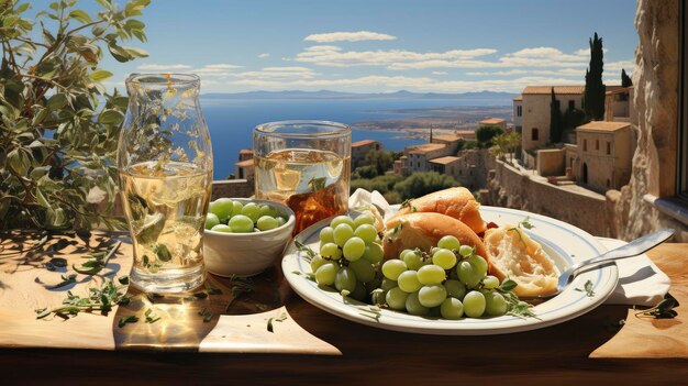 Photo a sumptuous mediterranean meal laid out on a rustic wooden table overlooking the sea