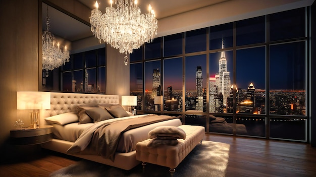 A sumptuous penthouse bedroom with a stunning city skyline view through floortoceiling windows