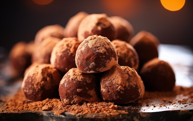 A sumptuous pile of decadent chocolate truffles sits elegantly atop a wooden table