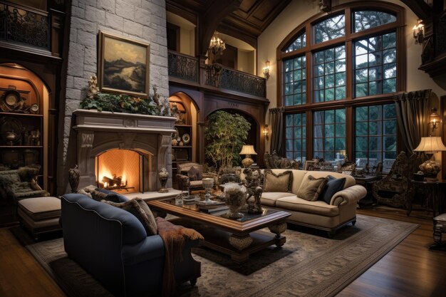 Sumptuous residence featuring a lavish living area equipped with a cozy fireplace