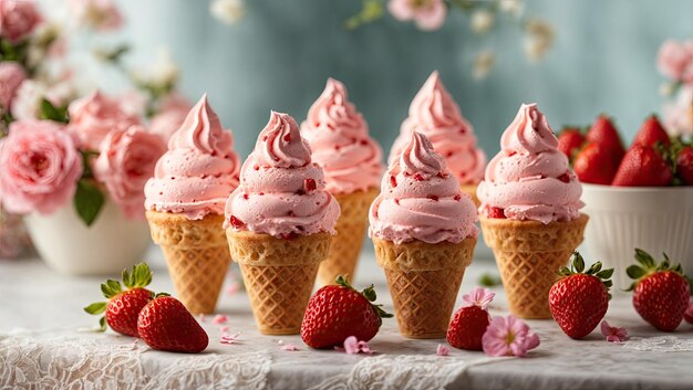 Photo sumptuous strawberry ice cream cones on a table a highquality product photograph