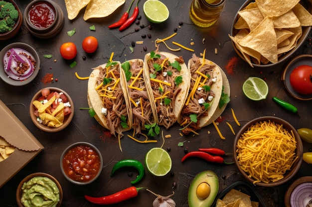 Sumptuous Taco Feast A Detailed and Realistic Culinary Delight on a Dark Brown table