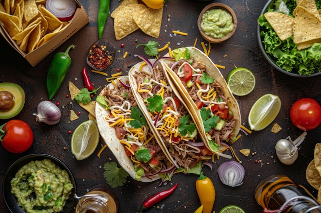 Sumptuous Taco Feast A Detailed and Realistic Culinary Delight on a Dark Brown table