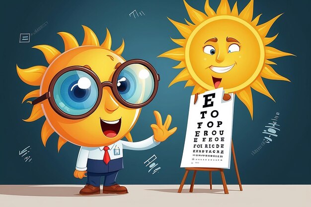 Photo the sun as an eye doctor examining children using eye chartvector illustration cartoon