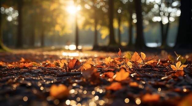 The sun autumn leaves on the ground in the forest background Beautiful autumn forest landscape