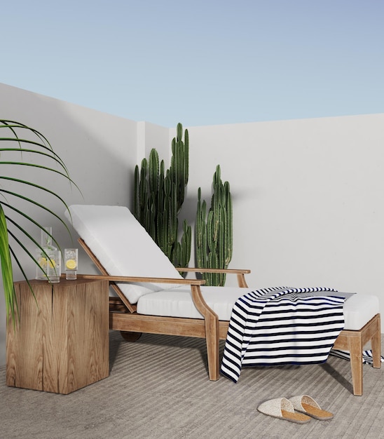 Sun bath with sun loungers and parasol Mexico 3d rendering