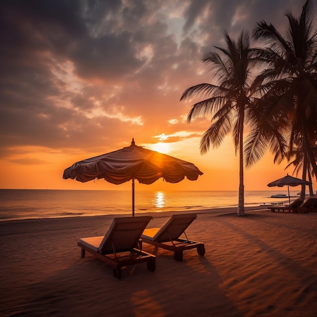 Sun Beds and Umbrella under a Palm Tree Generative AI