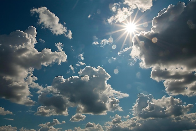 Photo sun in the blue sky with clouds and sunbeams background