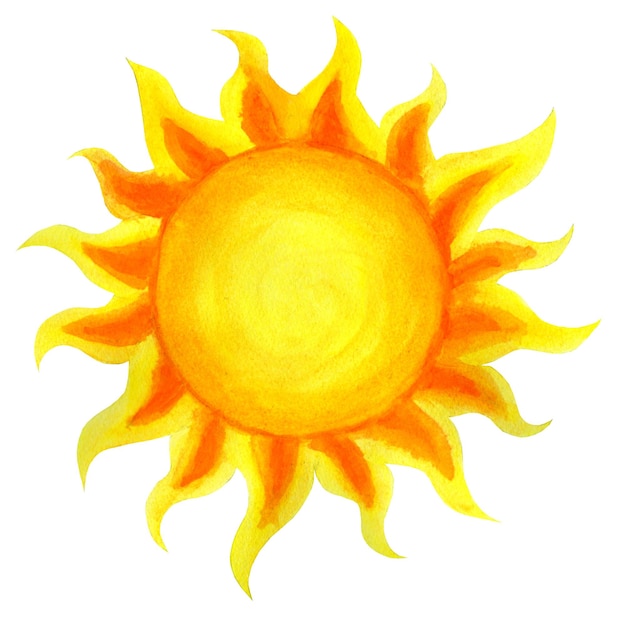 Sun cartoon watercolor Children39s illustration of the sun drawn by hand isolated