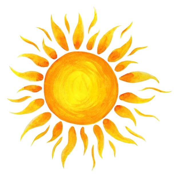 Sun cartoon watercolor Childrens illustration of the sun drawn by hand isolated on a white