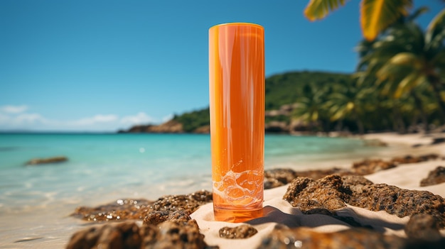 Sun cream bottle mockup on the beach Generative Ai