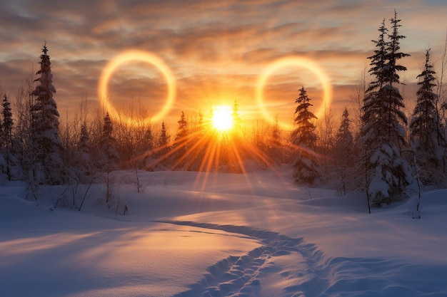 Sun dogs flanking the sun in a frozen landscape