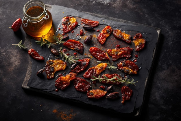 Sun dried tomatoes drizzled with olive oil served on a slate slab Blanket copy space