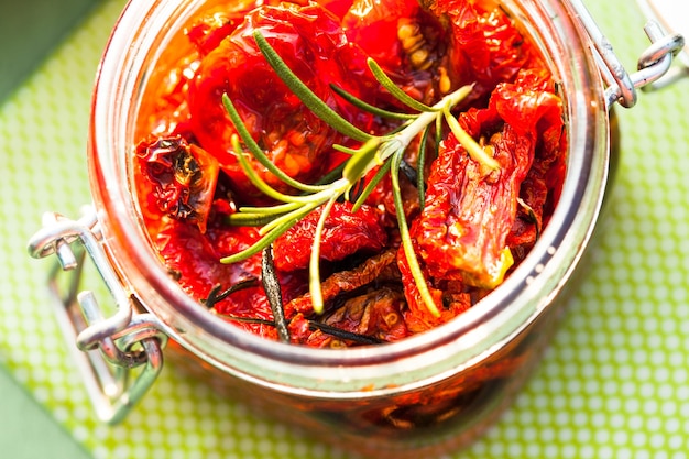 Sun dried tomatoes in a glass jar