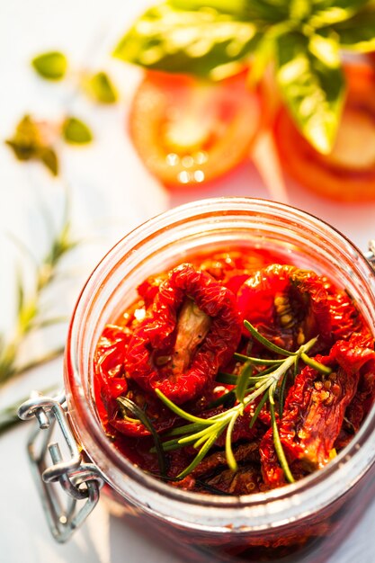 Sun dried tomatoes in a glass jar